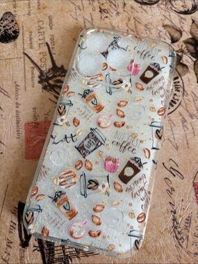 SHEIN Coffee Cup Glitter Clear Phone Case - White, Pink, Gold Accents